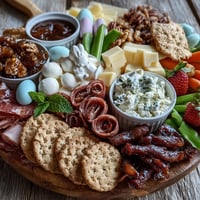 Vibrant mini Easter basket treat board with colorful cheeses, cured meats, and fresh fruits arranged in festive bowls.