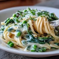 Spring pasta with lemon cream sauce and peas, featuring tender linguine coated in silky, bright citrus cream.