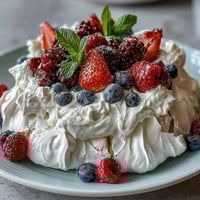 Beautiful pavlova with fresh berries and cream, a crisp meringue shell topped with fluffy whipped topping and juicy seasonal berries.