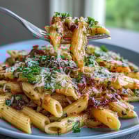 Vibrant pink sauce pasta with creamy tomato cream sauce and fresh basil, perfect for an easy vegetarian dinner.