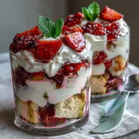Beautiful strawberry shortcake trifle with layers of vanilla cake, fresh strawberries, and whipped cream in a clear glass.