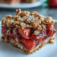 Golden brown strawberry rhubarb crumble bars, bursting with tangy fruit filling.