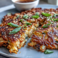 Crispy Cabbage Kimchi Pancakes sizzling golden brown in a skillet, with tangy kimchi and crunchy cabbage visible in each savory bite.  