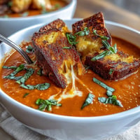 Creamy Tomato Basil Soup with Grilled Cheese Croutons in a rustic white bowl, garnished with fresh basil leaves and golden crouton cubes.