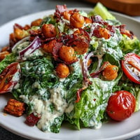 Vibrant vegan Caesar salad with crispy, seasoned chickpea croutons, a creamy dressing.