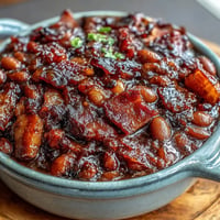 Juneteenth BBQ baked beans with bacon, bubbling hot and richly sauced.