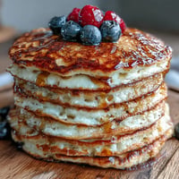 Fluffy Icelandic Skyr Pancakes piled high, ready for syrup and berries.